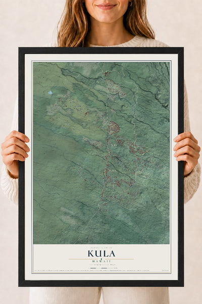 Map of Kula, Hawaii, 18 x 24 inch print in a black wood frame