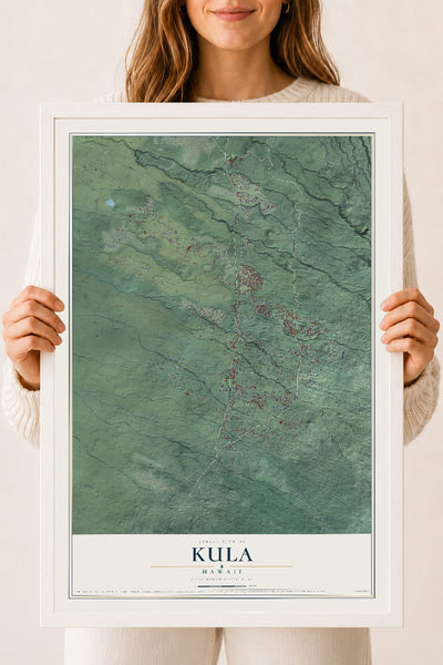 Map of Kula, Hawaii, 18 x 24 inch print in a white wood frame