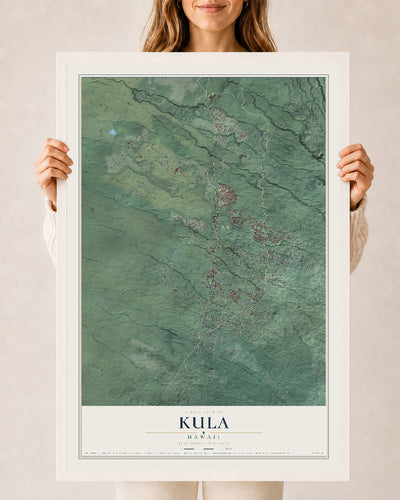 Map of Kula, Hawaii, 24 x 36 inch print in a white wood frame