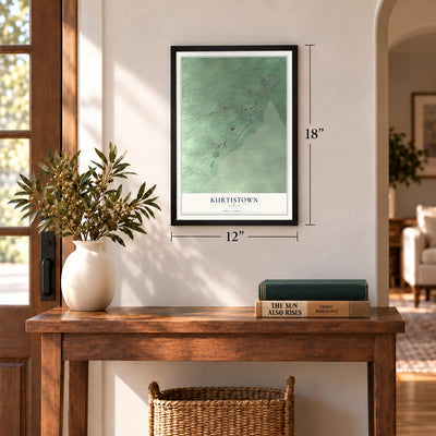 Kurtistown, Hawaii map, 12 x 18 inch print in a black frame in an entryway