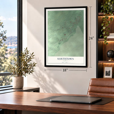 Kurtistown, Hawaii map, 18 x 24 inch print in a black frame in a home office
