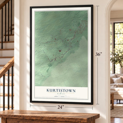 Kurtistown, Hawaii map, 24 x 36 inch print in a black frame by a staircase