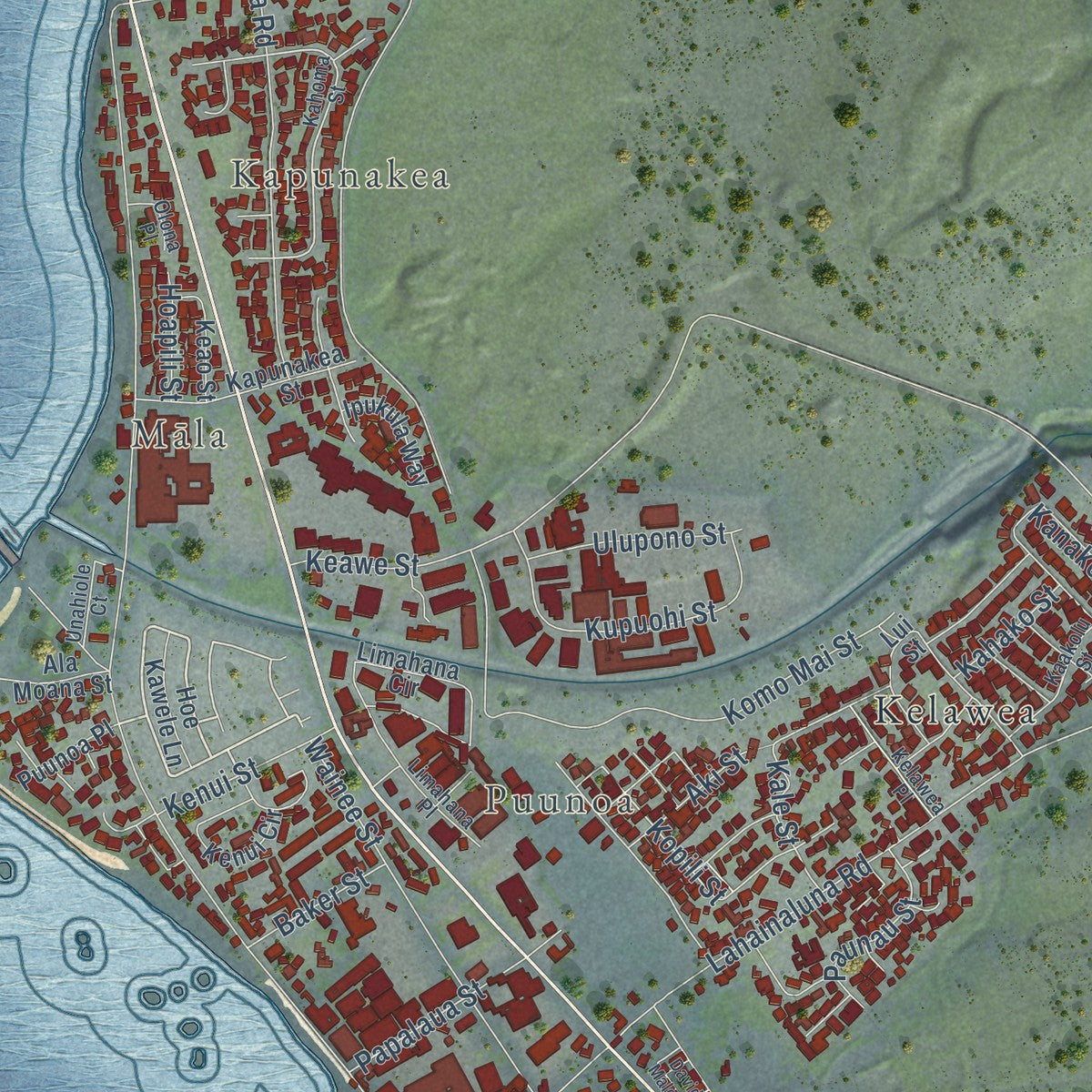 Close-up of the map of Lahaina, Hawaii print showing street and building detail