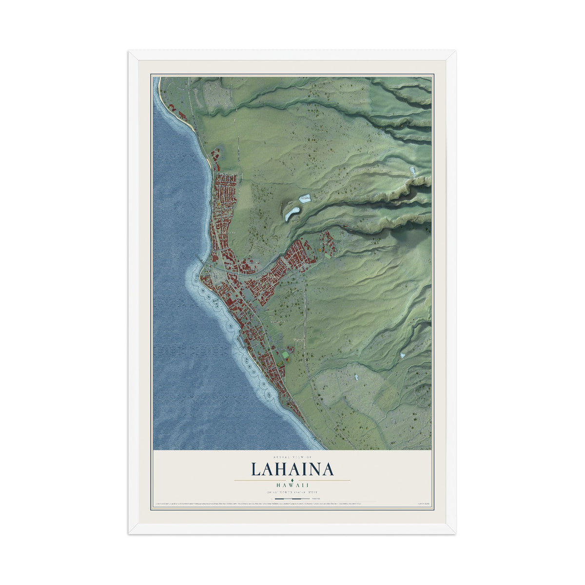Map of Lahaina, Hawaii, 12 x 18 inch print in a white wood frame