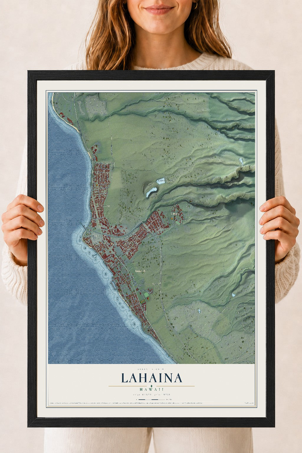 Map of Lahaina, Hawaii, 18 x 24 inch print in a black wood frame