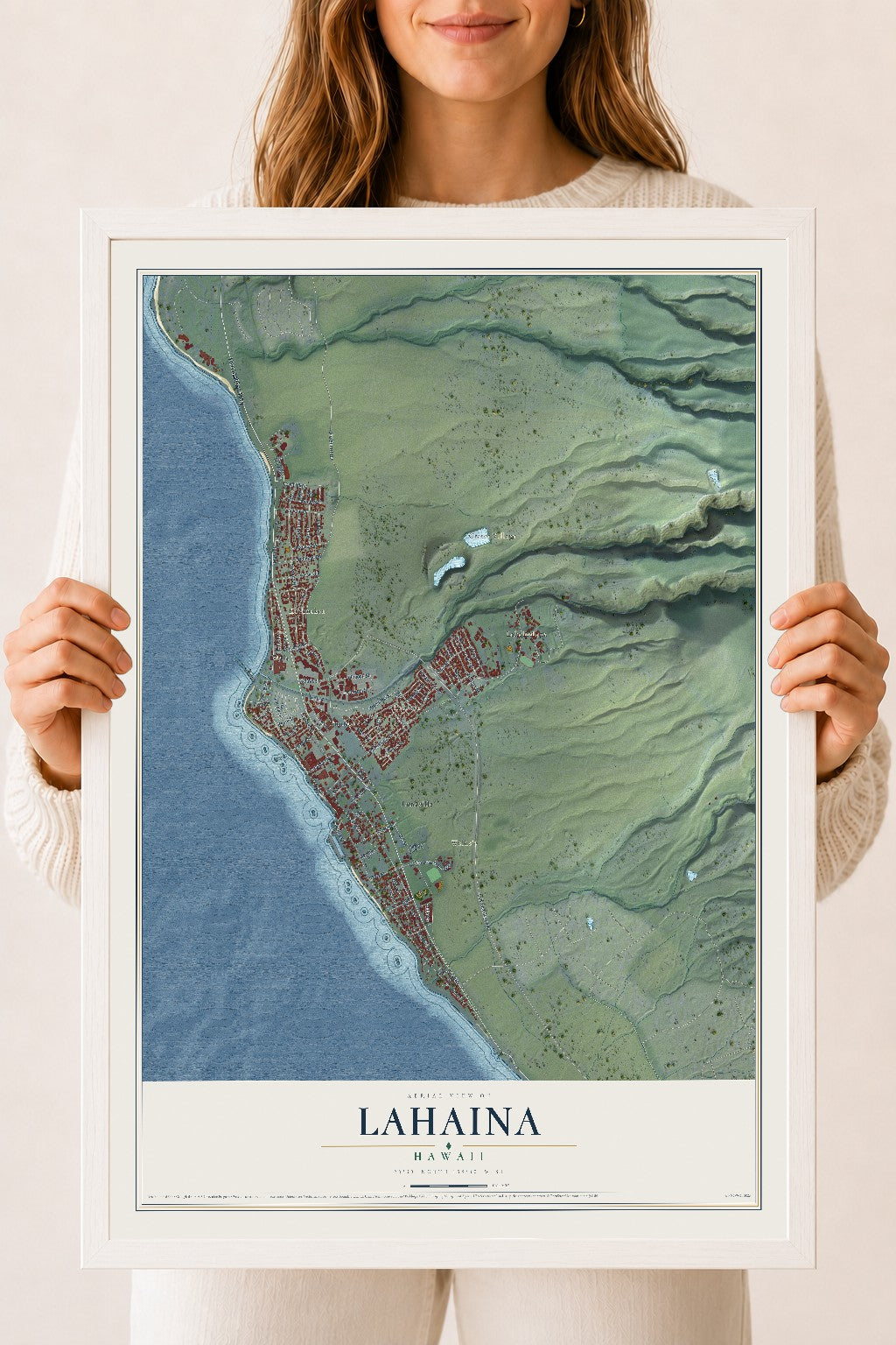 Map of Lahaina, Hawaii, 18 x 24 inch print in a white wood frame