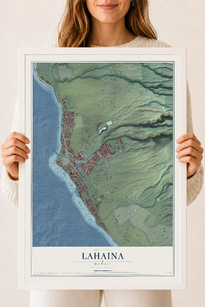 Map of Lahaina, Hawaii, 18 x 24 inch print in a white wood frame