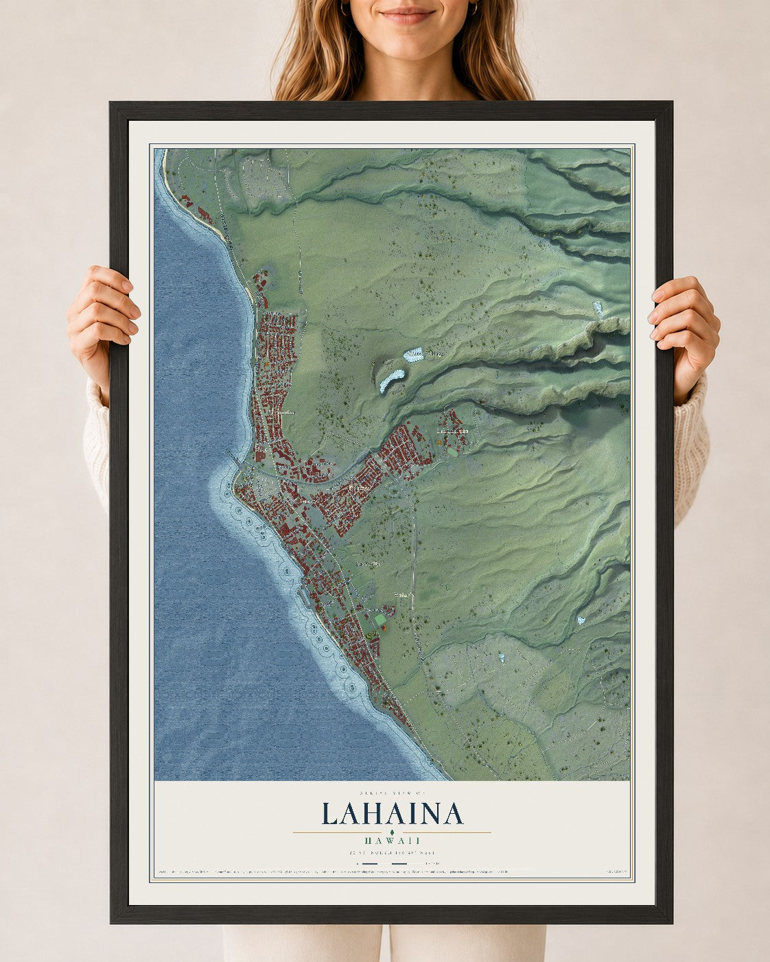 Map of Lahaina, Hawaii, 24 x 36 inch print in a black wood frame