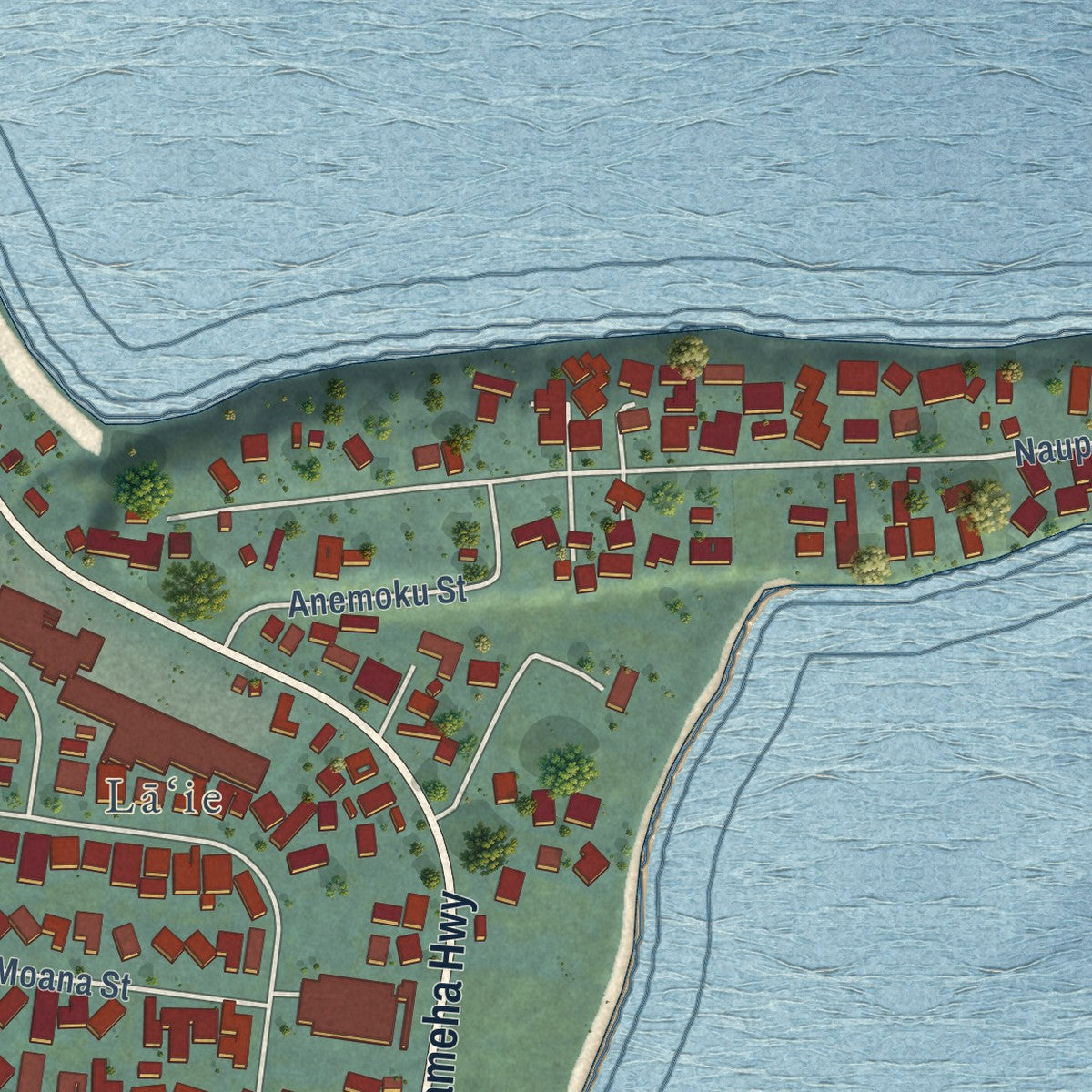 Second close-up of the map of Laie, Hawaii print showing more streets and buildings