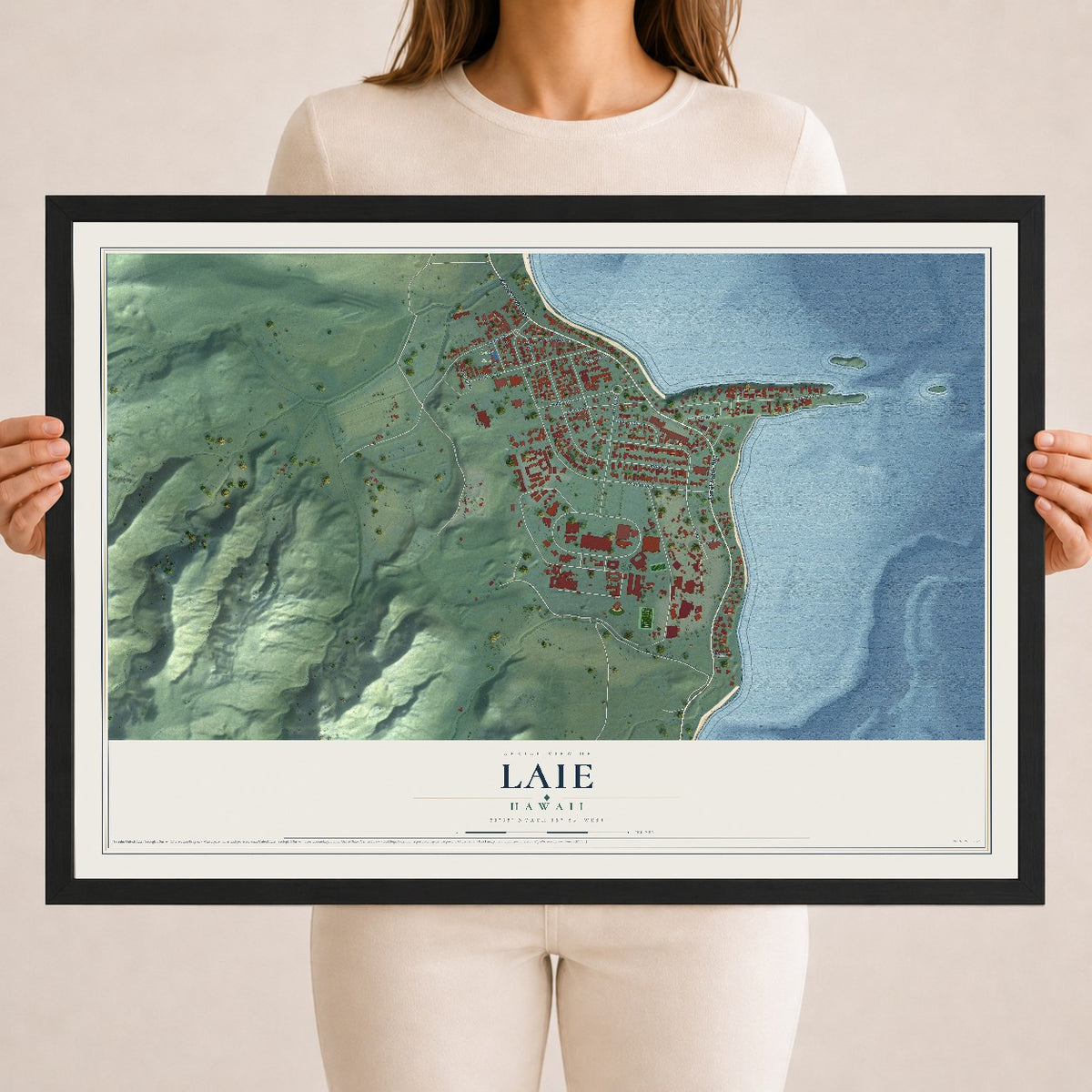 Map of Laie, Hawaii, 18 x 24 inch print in a black wood frame