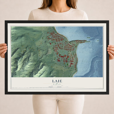 Map of Laie, Hawaii, 18 x 24 inch print in a black wood frame