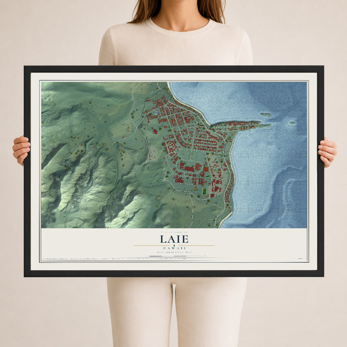 Map of Laie, Hawaii, 24 x 36 inch print in a black wood frame