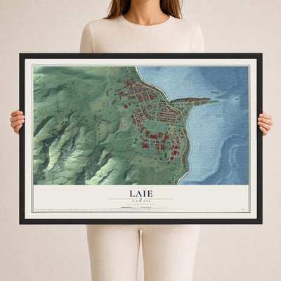 Map of Laie, Hawaii, 24 x 36 inch print in a black wood frame