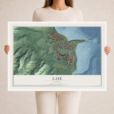 Map of Laie, Hawaii, 24 x 36 inch print in a white wood frame