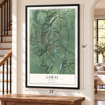 Lawai, Hawaii map, 24 x 36 inch print in a black frame by a staircase