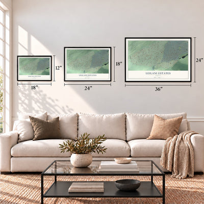Leilani Estates, Hawaii map in 12 x 18, 18 x 24 and 24 x 36 inch sizes above a sofa