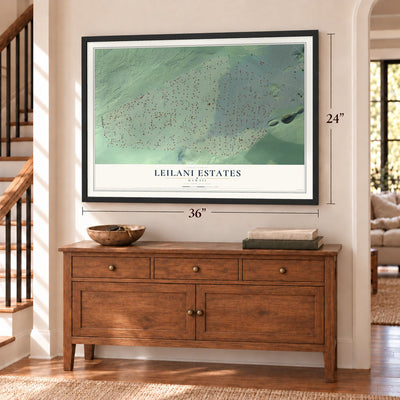 Leilani Estates, Hawaii map, 24 x 36 inch print in a black frame above a dresser by a staircase