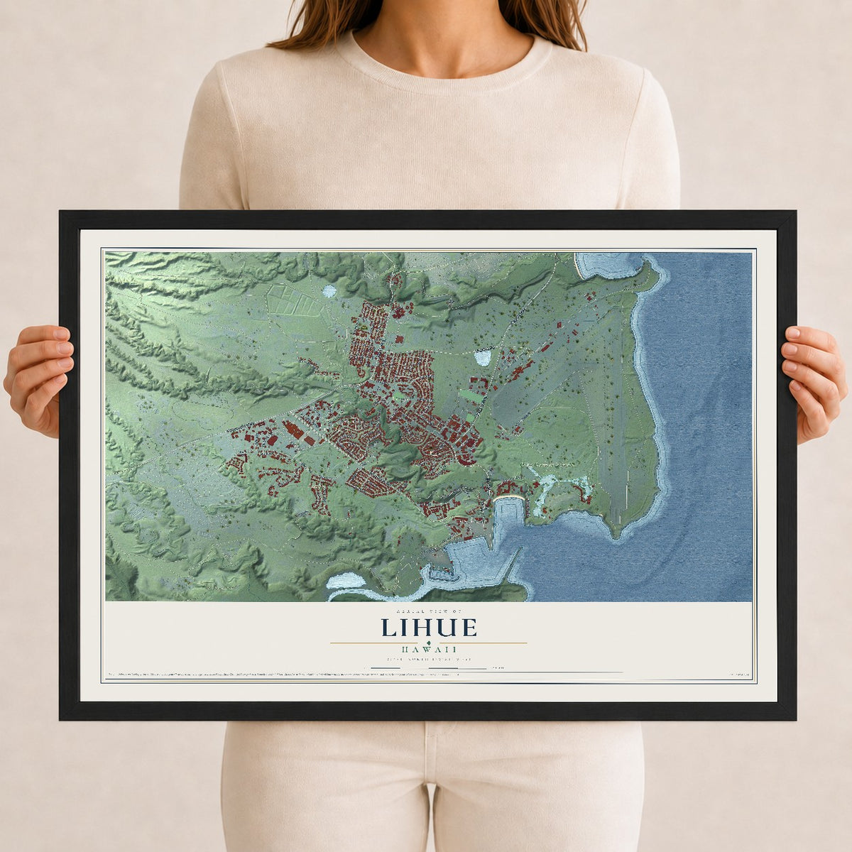 Map of Lihue, Hawaii, 12 x 18 inch print in a black wood frame