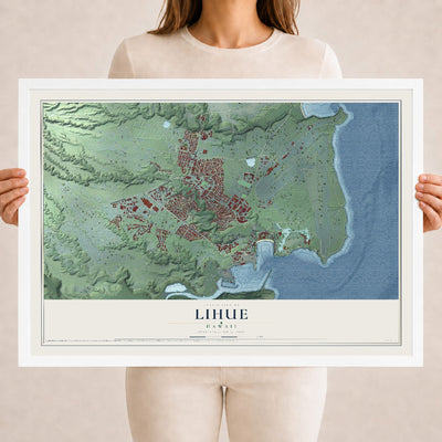 Map of Lihue, Hawaii, 18 x 24 inch print in a white wood frame