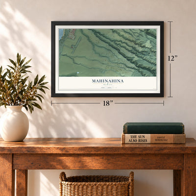 Mahinahina, Hawaii map, 12 x 18 inch print in a black frame in an entryway