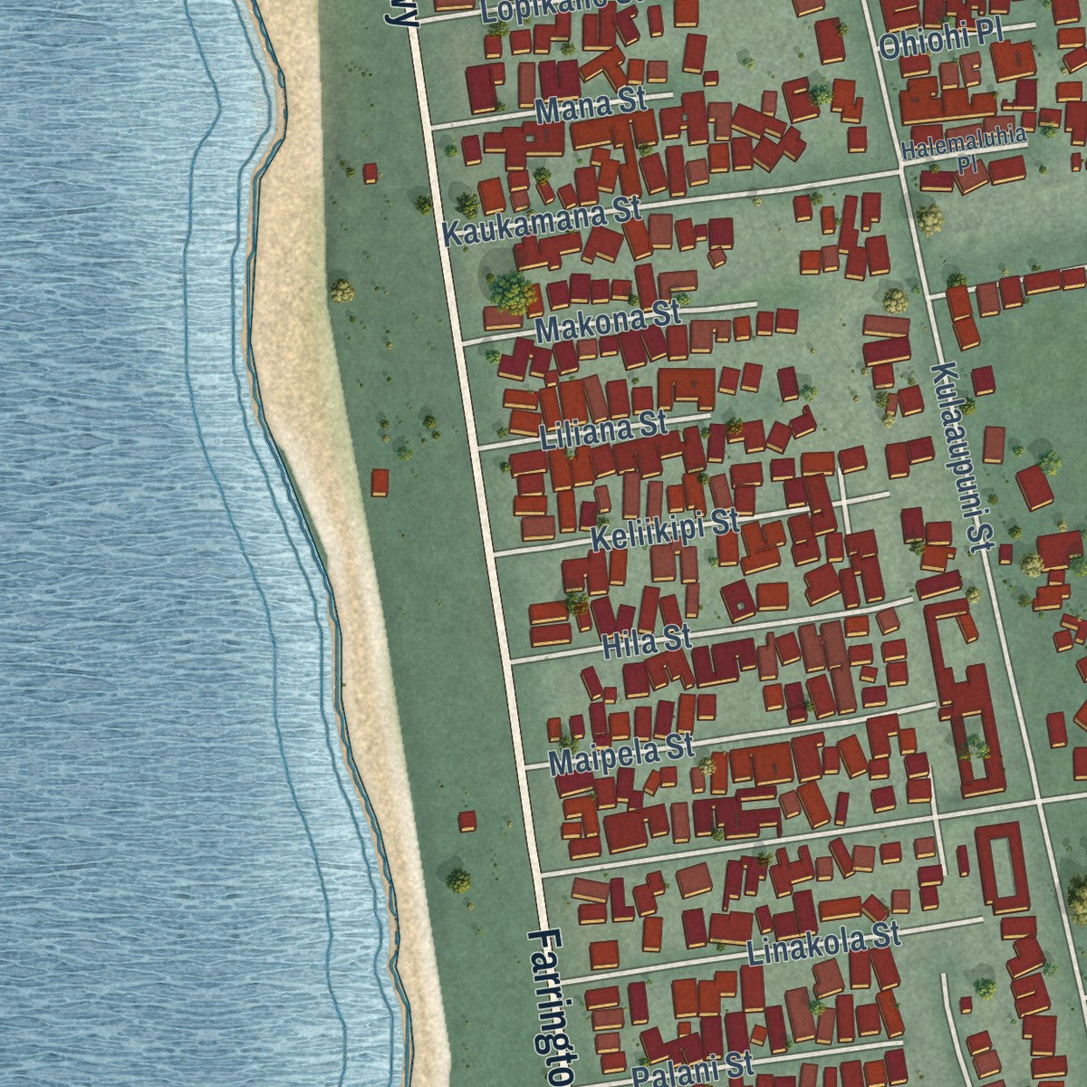 Close-up of the map of Maili, Hawaii print showing street and building detail