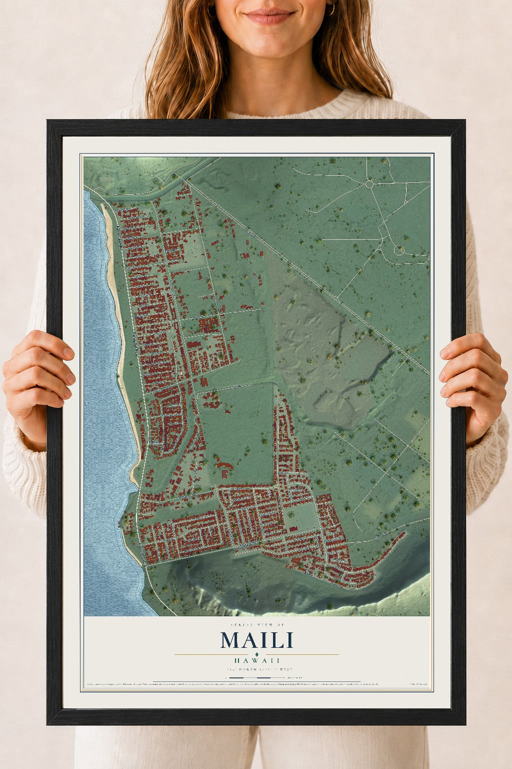 Map of Maili, Hawaii, 18 x 24 inch print in a black wood frame