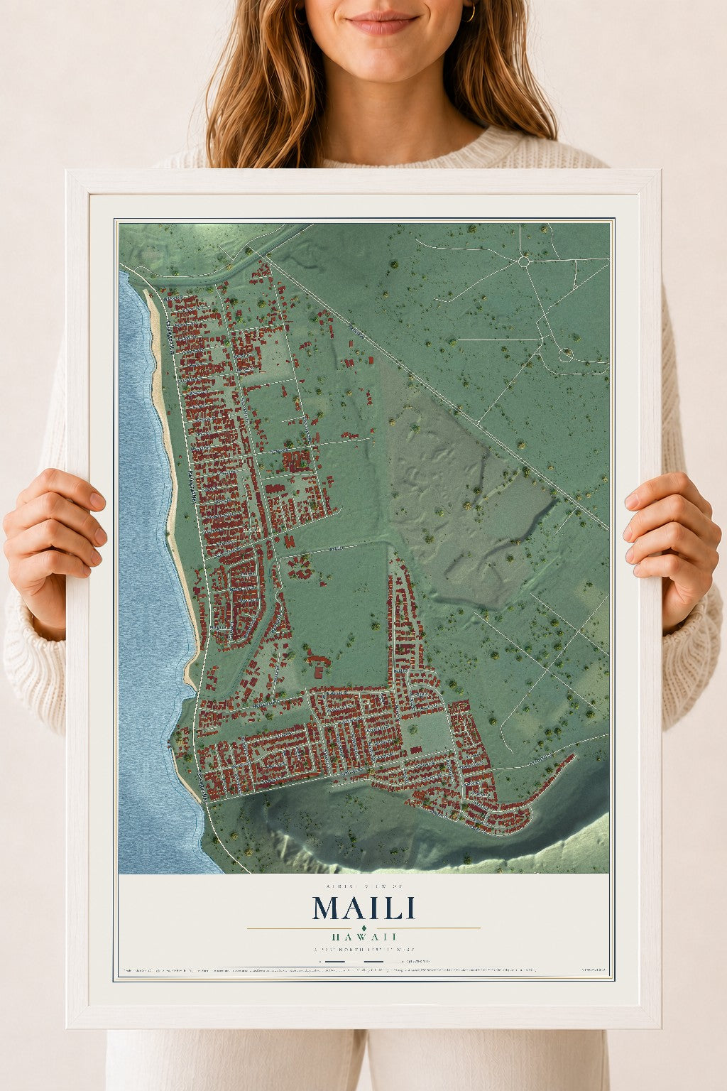 Map of Maili, Hawaii, 18 x 24 inch print in a white wood frame