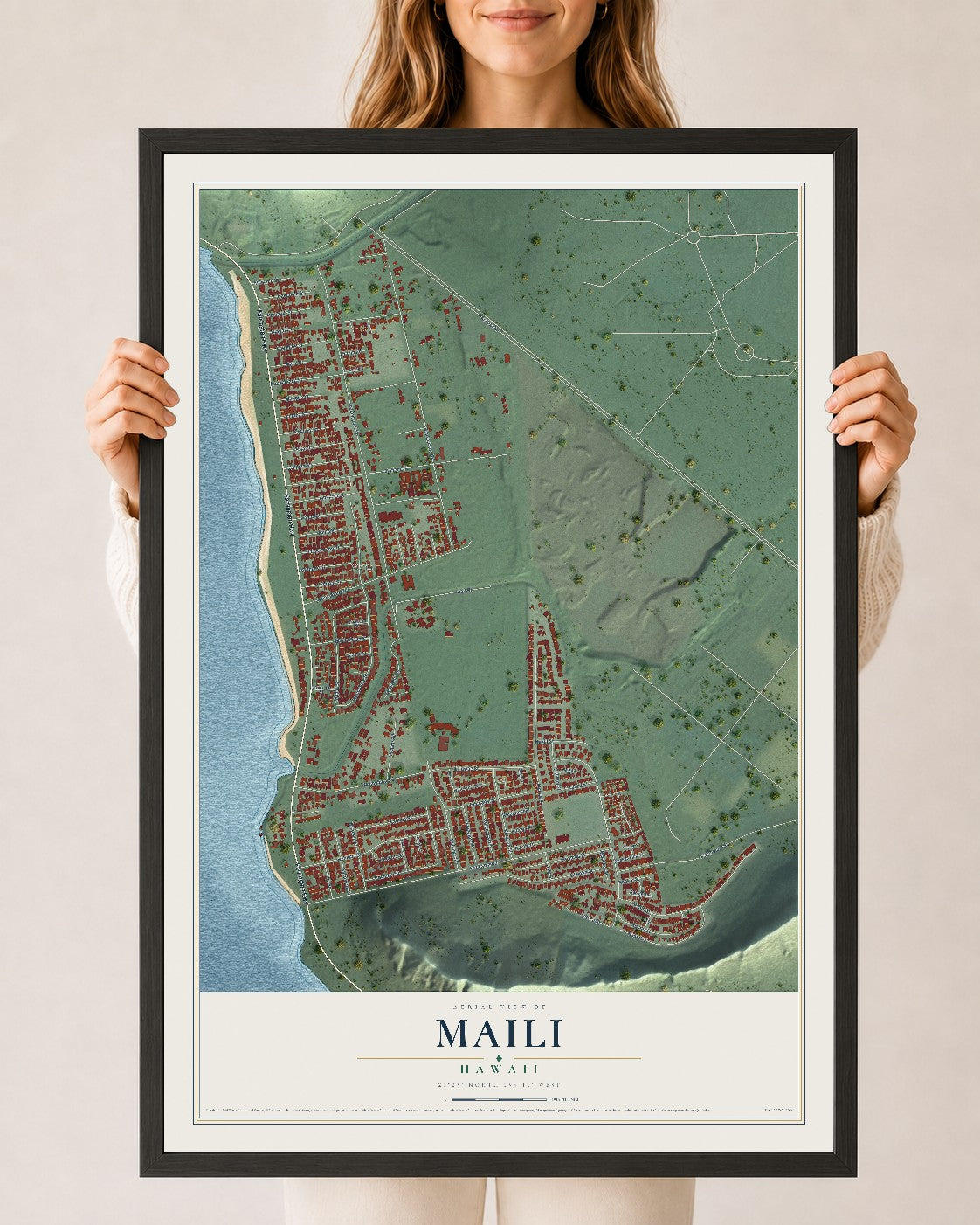 Map of Maili, Hawaii, 24 x 36 inch print in a black wood frame