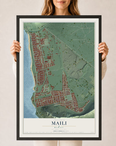 Map of Maili, Hawaii, 24 x 36 inch print in a black wood frame