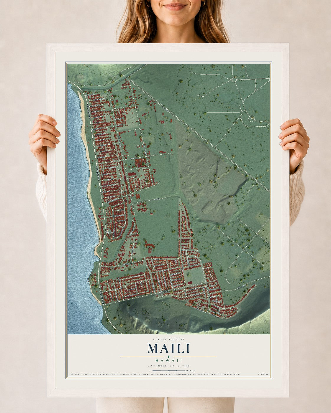 Map of Maili, Hawaii, 24 x 36 inch print in a white wood frame