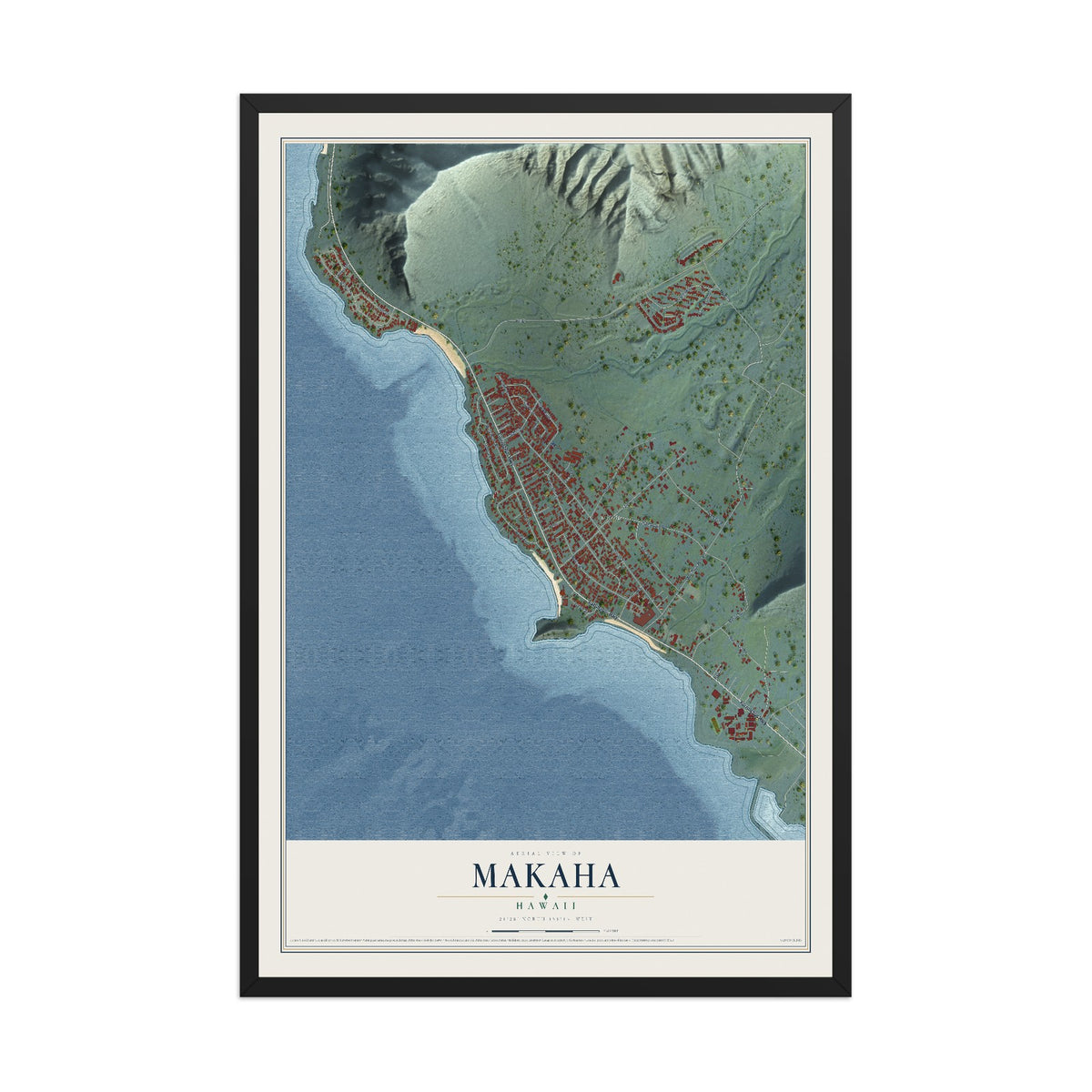 Map of Makaha, Hawaii, 12 x 18 inch print in a black wood frame
