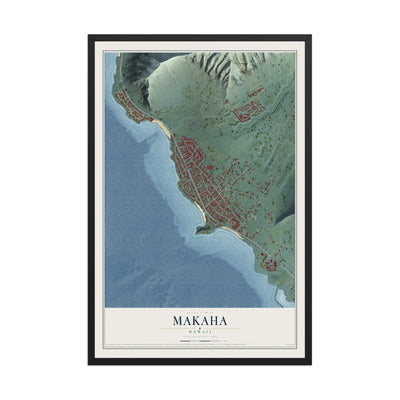 Map of Makaha, Hawaii, 12 x 18 inch print in a black wood frame