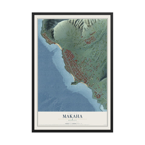 Map of Makaha, Hawaii, 12 x 18 inch print in a black wood frame