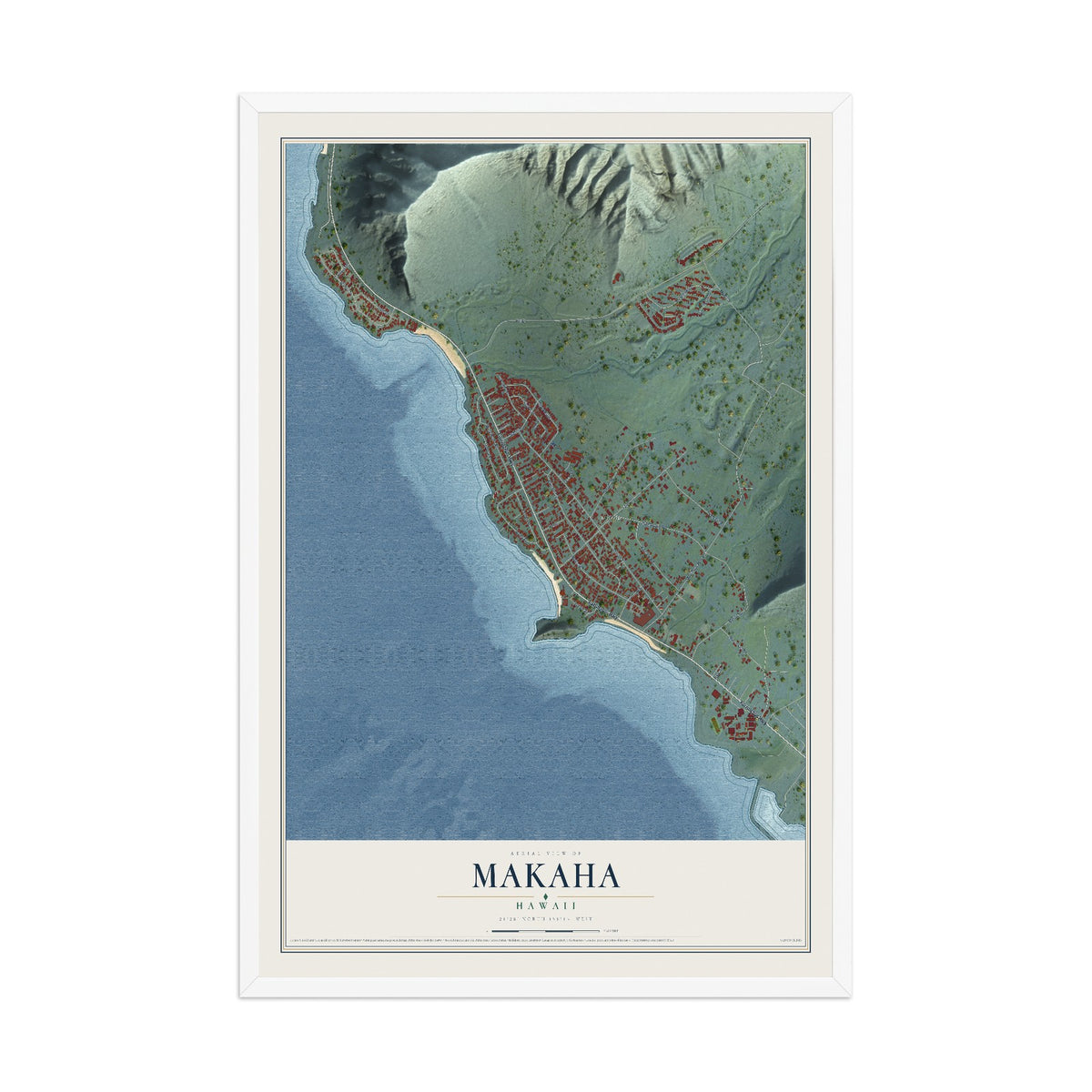 Map of Makaha, Hawaii, 12 x 18 inch print in a white wood frame