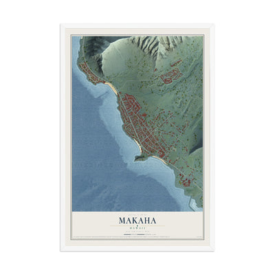 Map of Makaha, Hawaii, 12 x 18 inch print in a white wood frame