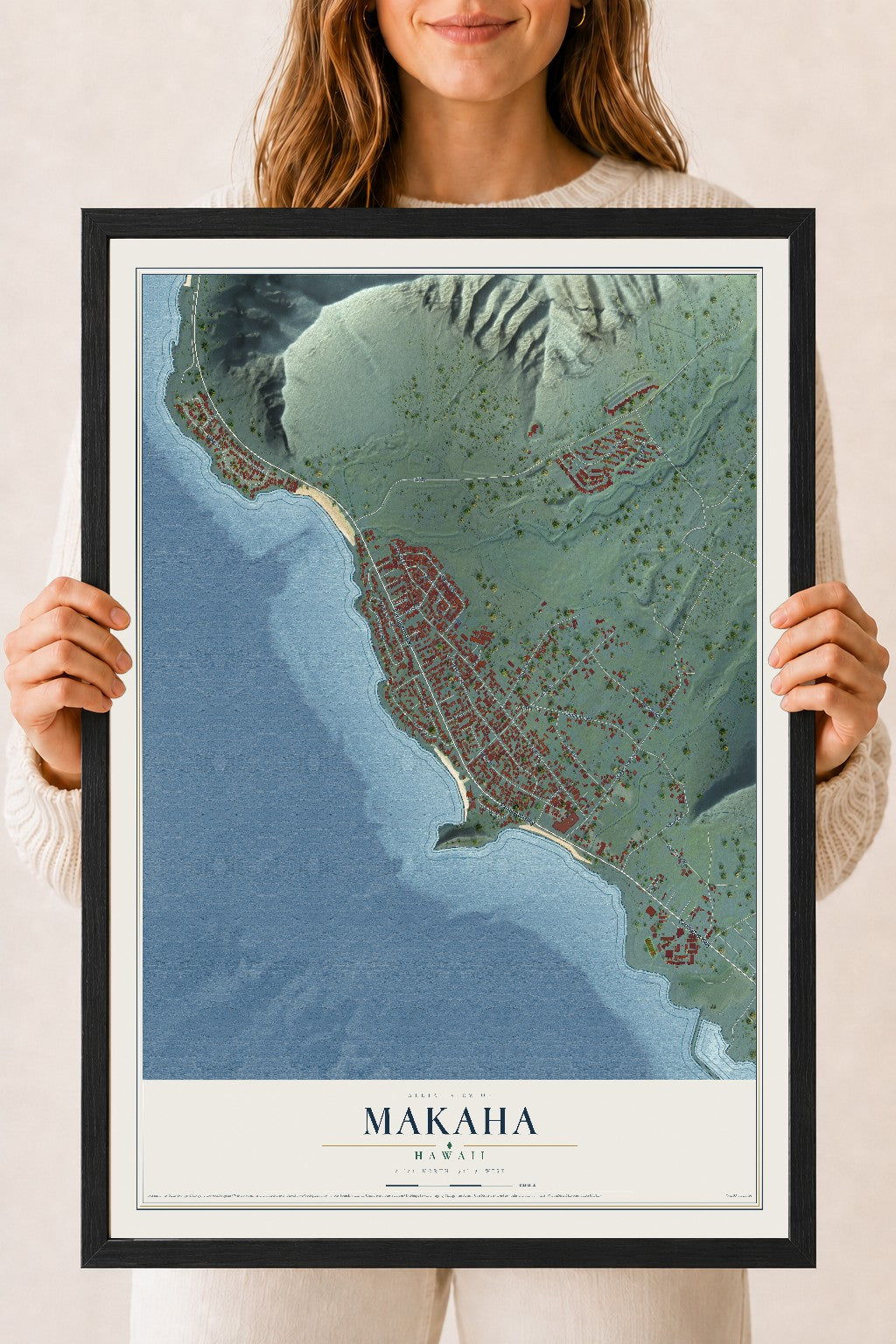 Map of Makaha, Hawaii, 18 x 24 inch print in a black wood frame