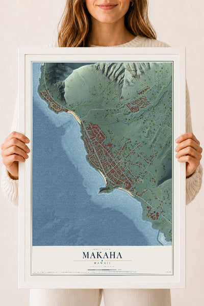 Map of Makaha, Hawaii, 18 x 24 inch print in a white wood frame