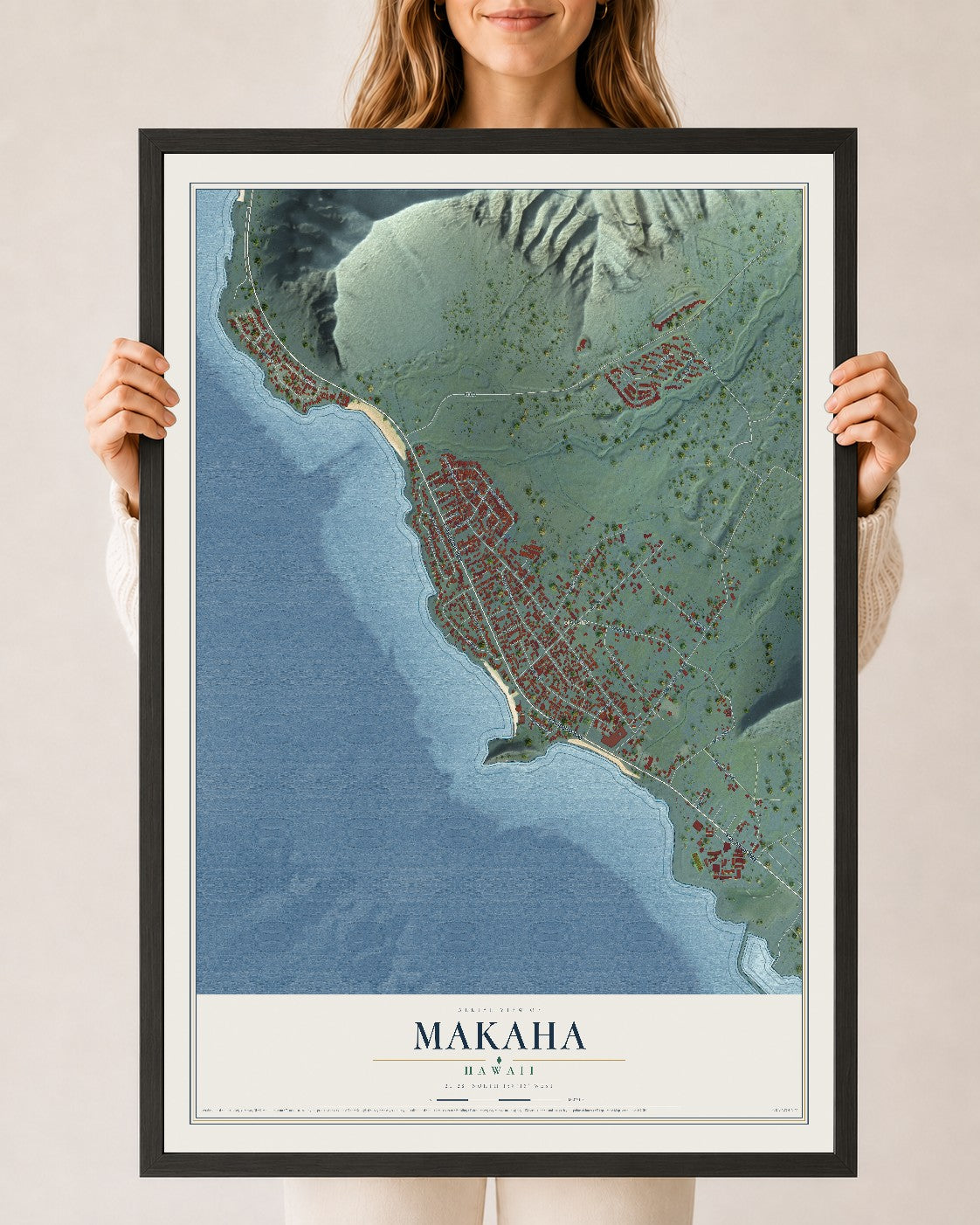 Map of Makaha, Hawaii, 24 x 36 inch print in a black wood frame