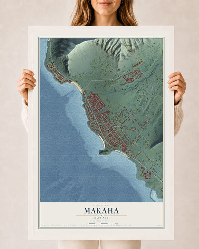 Map of Makaha, Hawaii, 24 x 36 inch print in a white wood frame