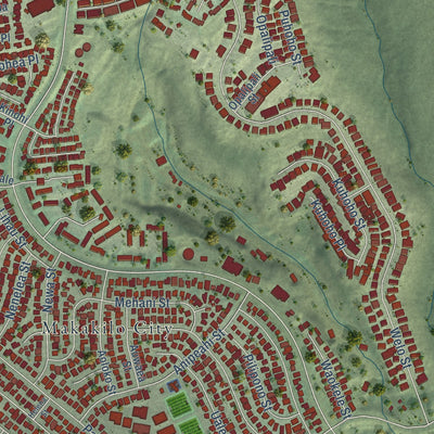 Close-up of the map of Makakilo, Hawaii print showing street and building detail