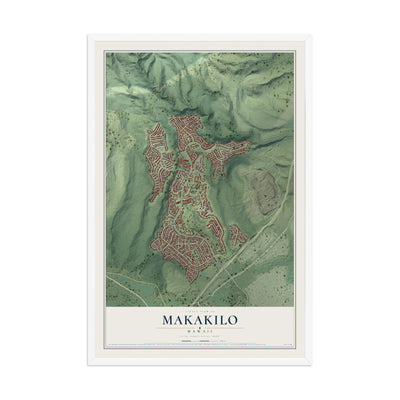 Map of Makakilo, Hawaii, 12 x 18 inch print in a white wood frame