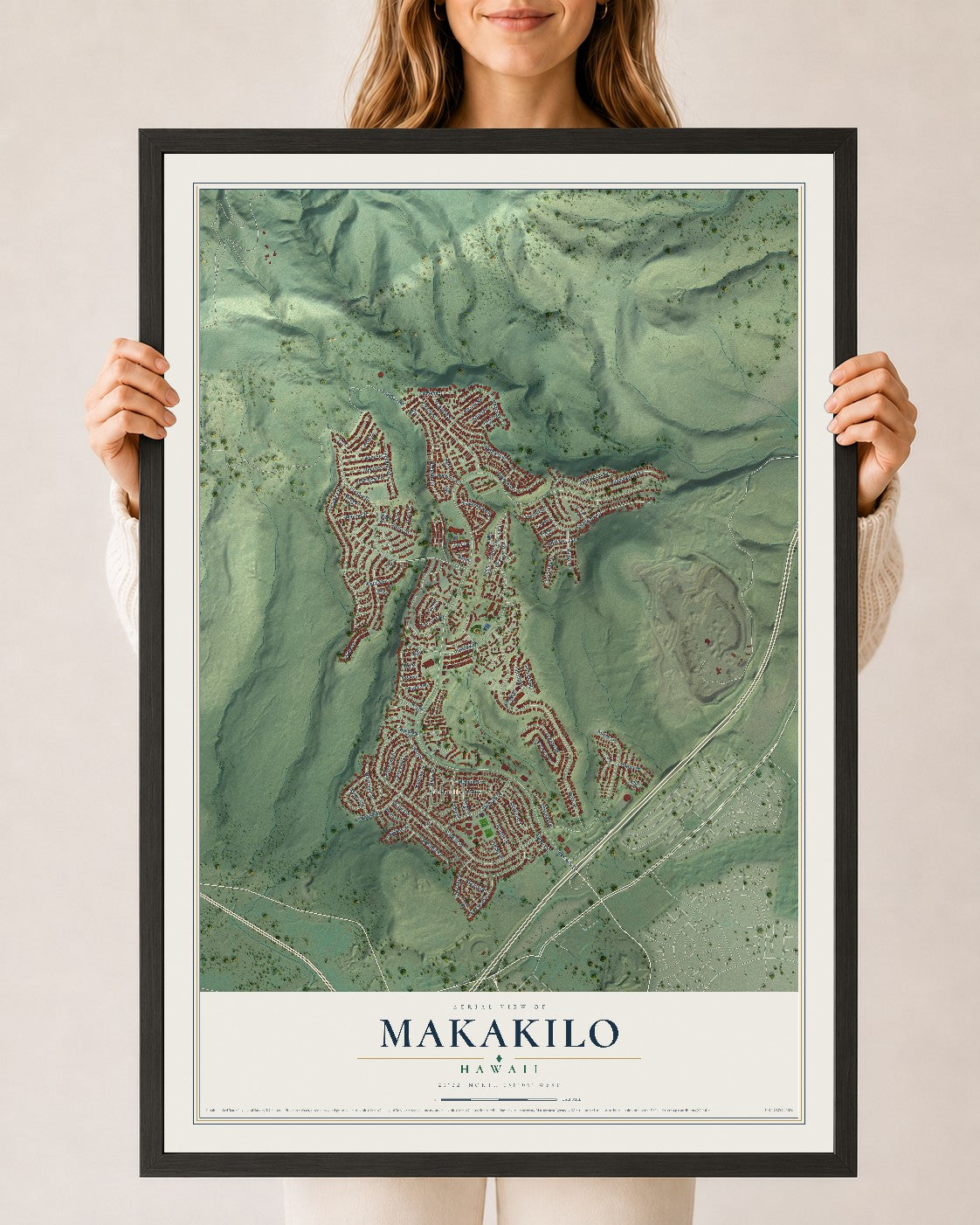 Map of Makakilo, Hawaii, 24 x 36 inch print in a black wood frame