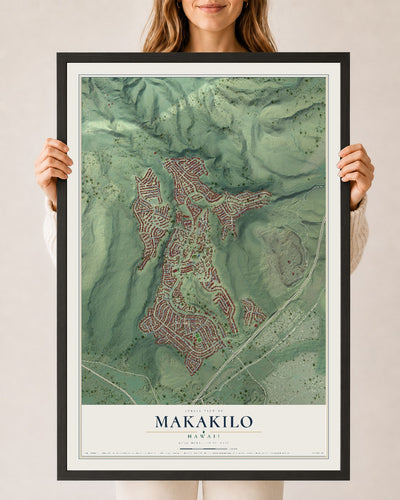 Map of Makakilo, Hawaii, 24 x 36 inch print in a black wood frame
