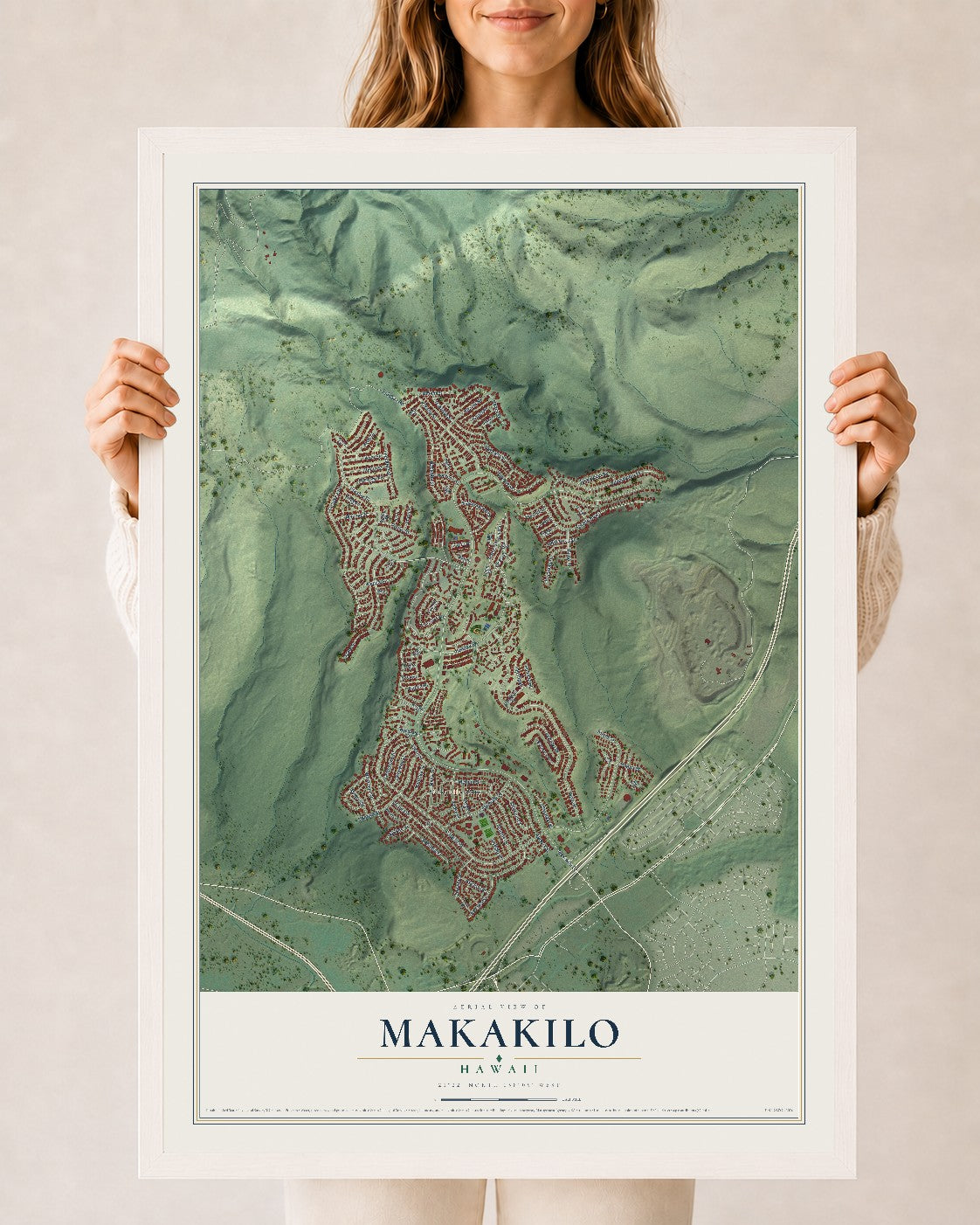 Map of Makakilo, Hawaii, 24 x 36 inch print in a white wood frame