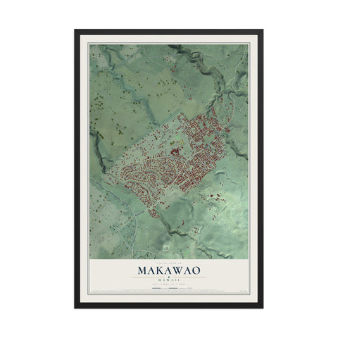 Map of Makawao, Hawaii, 12 x 18 inch print in a black wood frame