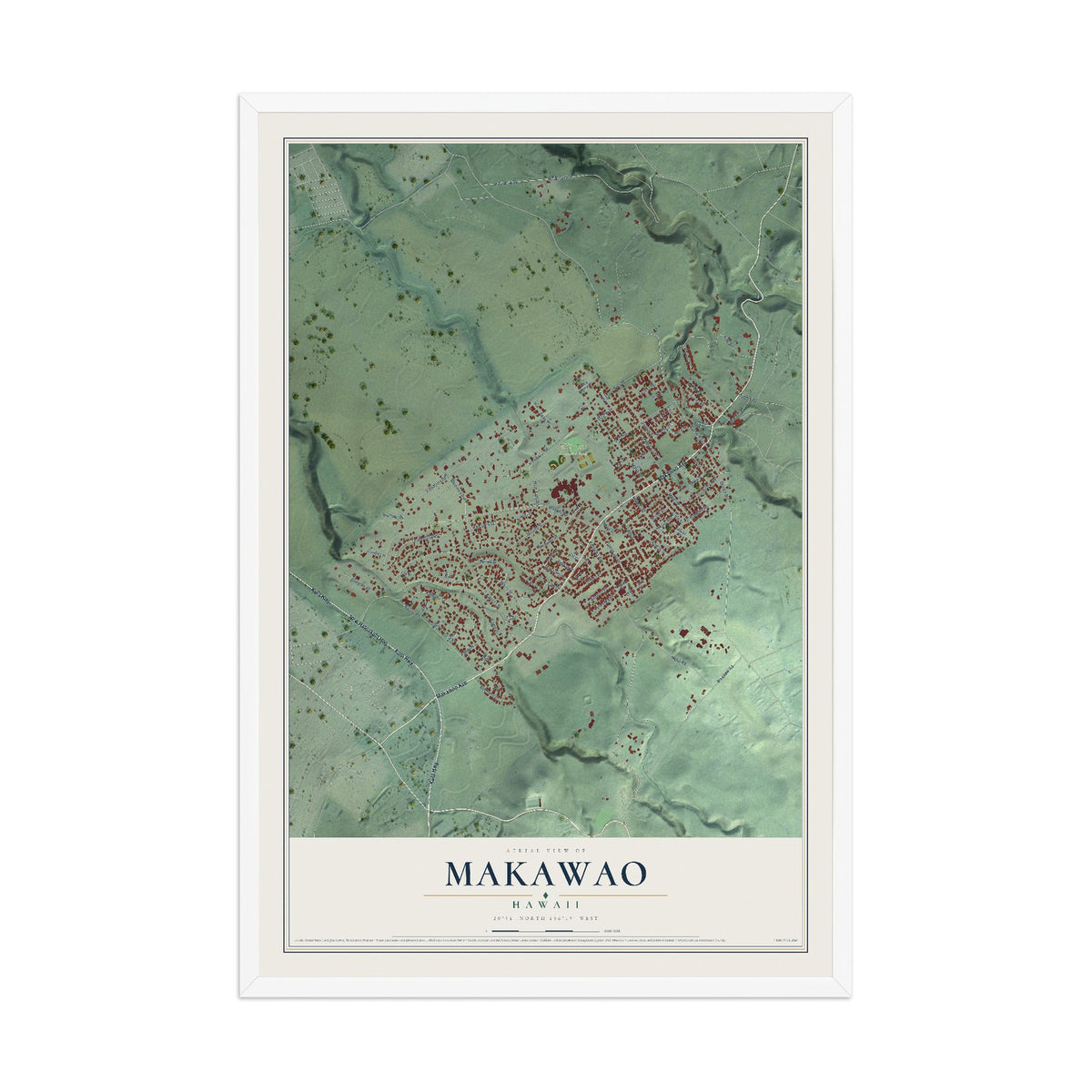 Map of Makawao, Hawaii, 12 x 18 inch print in a white wood frame