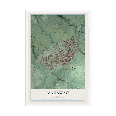 Map of Makawao, Hawaii, 12 x 18 inch print in a white wood frame