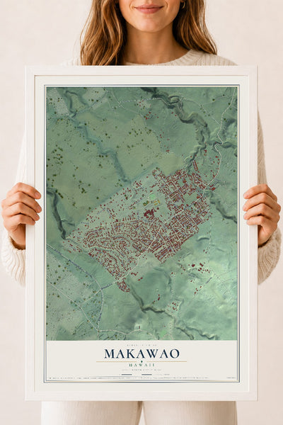 Map of Makawao, Hawaii, 18 x 24 inch print in a white wood frame