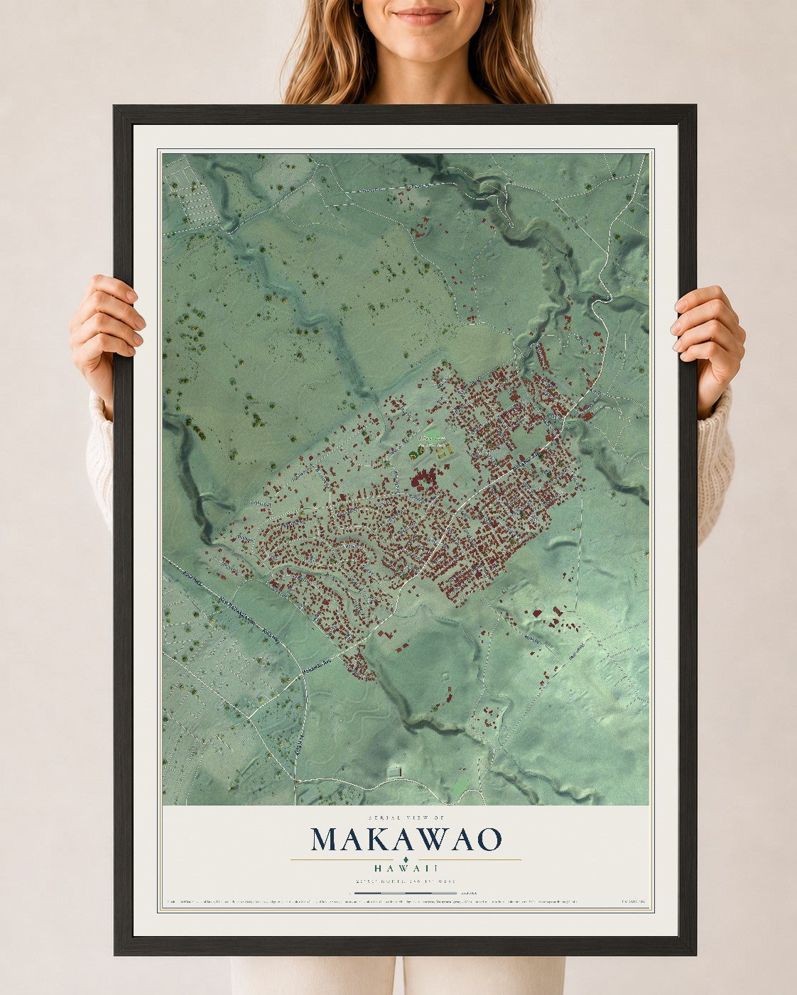 Map of Makawao, Hawaii, 24 x 36 inch print in a black wood frame