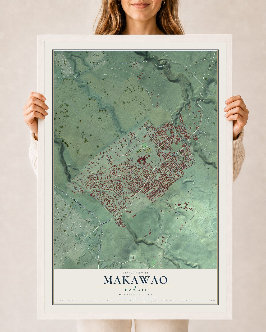 Map of Makawao, Hawaii, 24 x 36 inch print in a white wood frame